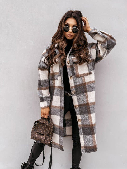 2020 NEW Autumn And Winter Women's New Long-sleeved Lapel Coat Printed Woolen Coat Fashion Striped Plaid Slim Coats Oversized