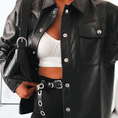 JIEZuoFang  Punk Style Women Autumn Leather Jacket Turn-down Collar Streetwear Cool Jackets Ladies Pocket Oversized Pop Jackets