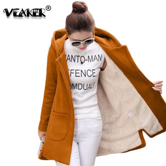 2020 Autumn Winter Women's Fleece Jacket Coats Female Long Hooded Coats Outerwear Warm Thick Female Red Slim Fit Hoodies Jackets
