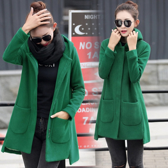 2020 Autumn Winter Women's Fleece Jacket Coats Female Long Hooded Coats Outerwear Warm Thick Female Red Slim Fit Hoodies Jackets