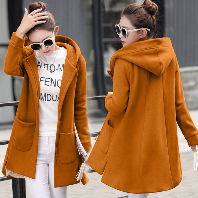 2020 Autumn Winter Women's Fleece Jacket Coats Female Long Hooded Coats Outerwear Warm Thick Female Red Slim Fit Hoodies Jackets