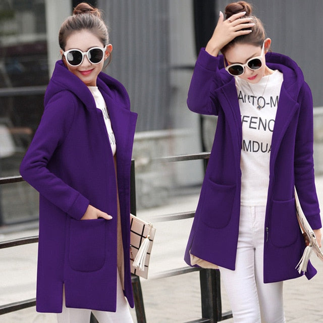 2020 Autumn Winter Women's Fleece Jacket Coats Female Long Hooded Coats Outerwear Warm Thick Female Red Slim Fit Hoodies Jackets