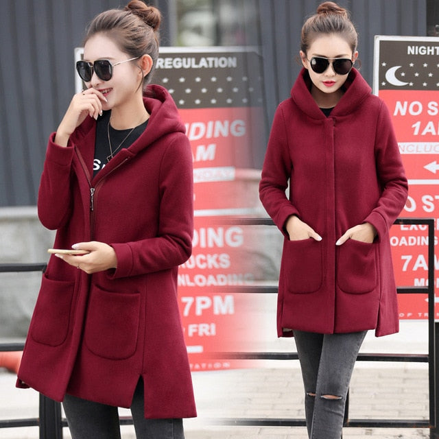 2020 Autumn Winter Women's Fleece Jacket Coats Female Long Hooded Coats Outerwear Warm Thick Female Red Slim Fit Hoodies Jackets