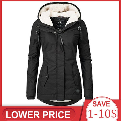 Women Winter Coat Warm Windproof Slim Outerwear Fashion Elastic Waist Zipper Pocket Hooded Drawstring Overcoats Autumn Clothes