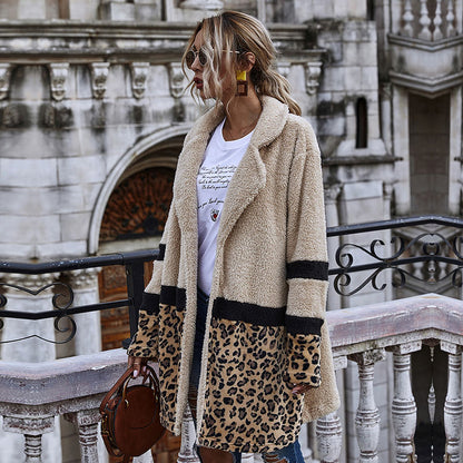 2020 New Open Stitch Flocking Plush Jacket Women Autumn Winter Leopard Patchwork Jacket Coat Female Casual