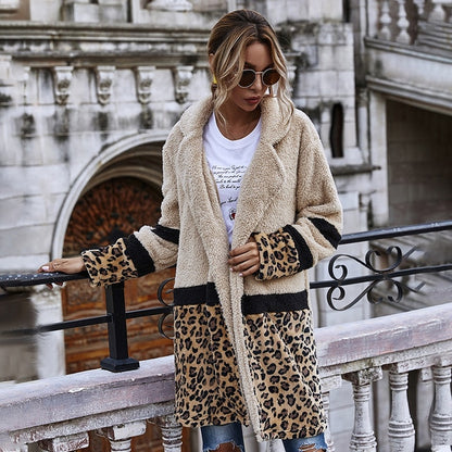 2020 New Open Stitch Flocking Plush Jacket Women Autumn Winter Leopard Patchwork Jacket Coat Female Casual