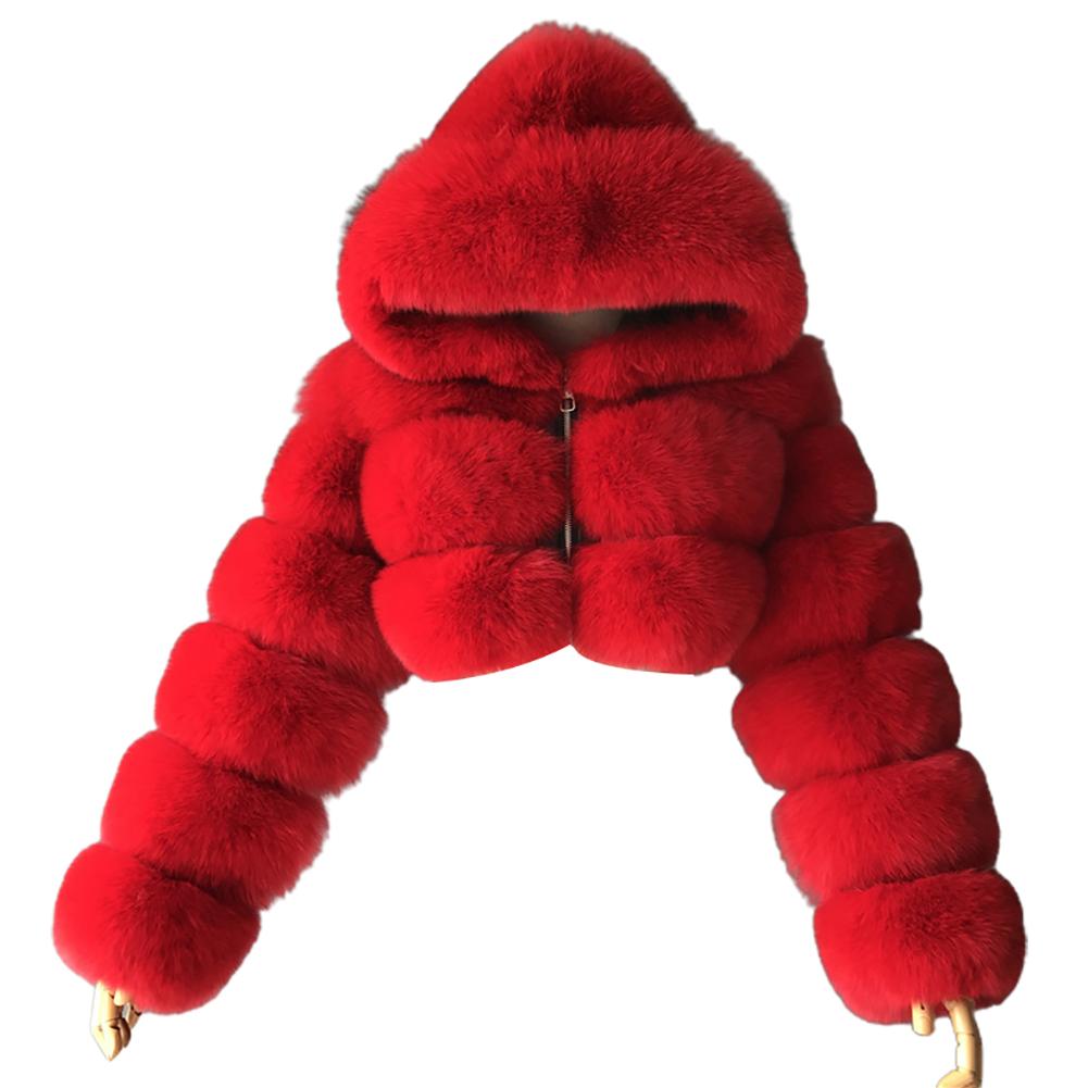 Plus size Women Jacket Fashion Winter Faux Fur Cropped Coat Fluffy Zip Hooded Warm Short Jacket