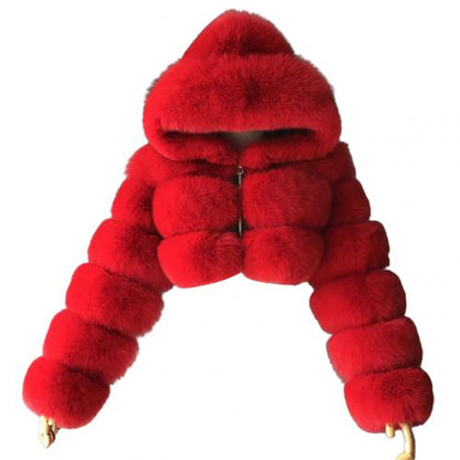Plus size Women Jacket Fashion Winter Faux Fur Cropped Coat Fluffy Zip Hooded Warm Short Jacket