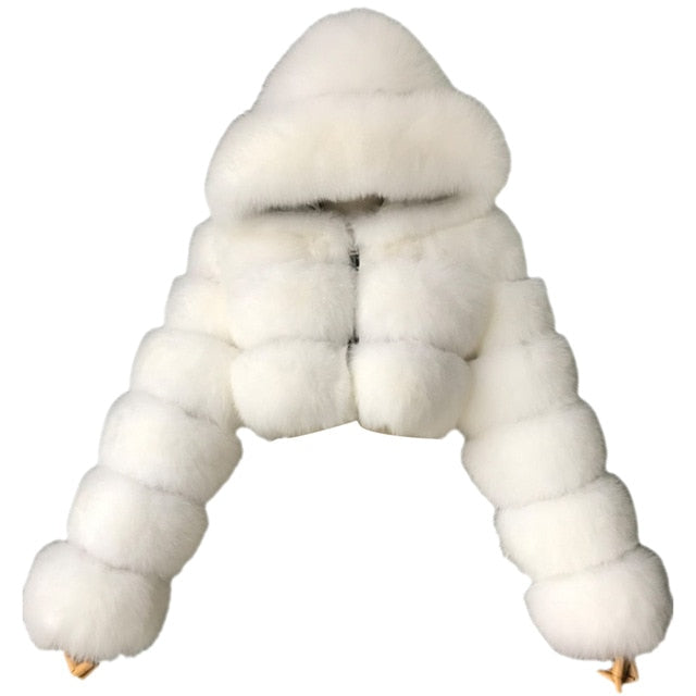 Plus size Women Jacket Fashion Winter Faux Fur Cropped Coat Fluffy Zip Hooded Warm Short Jacket