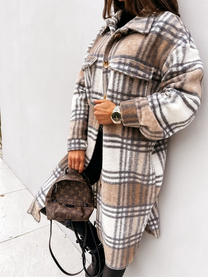 2020 NEW Autumn And Winter Women's New Long-sleeved Lapel Coat Printed Woolen Coat Fashion Striped Plaid Slim Coats Oversized