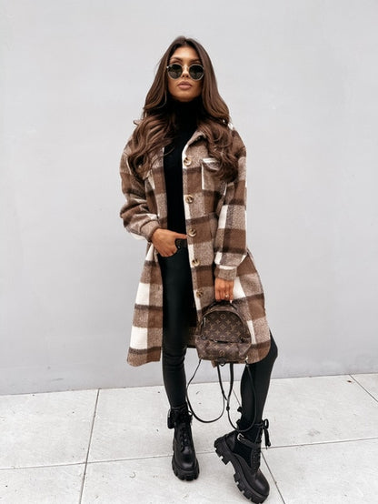 2020 NEW Autumn And Winter Women's New Long-sleeved Lapel Coat Printed Woolen Coat Fashion Striped Plaid Slim Coats Oversized