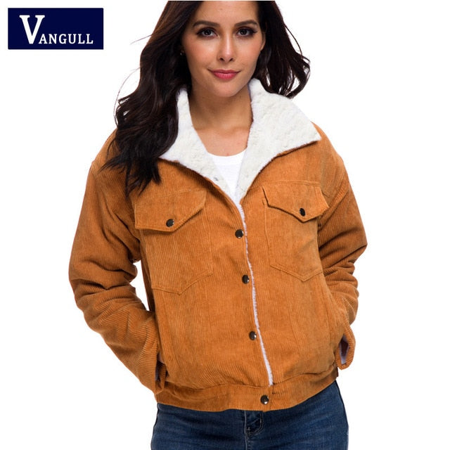 Vangull Women Winter Jacket Thick Fur Lined Coats Parkas Fashion Faux Fur Lining Corduroy Bomber Jackets Cute Outwear 2021 New